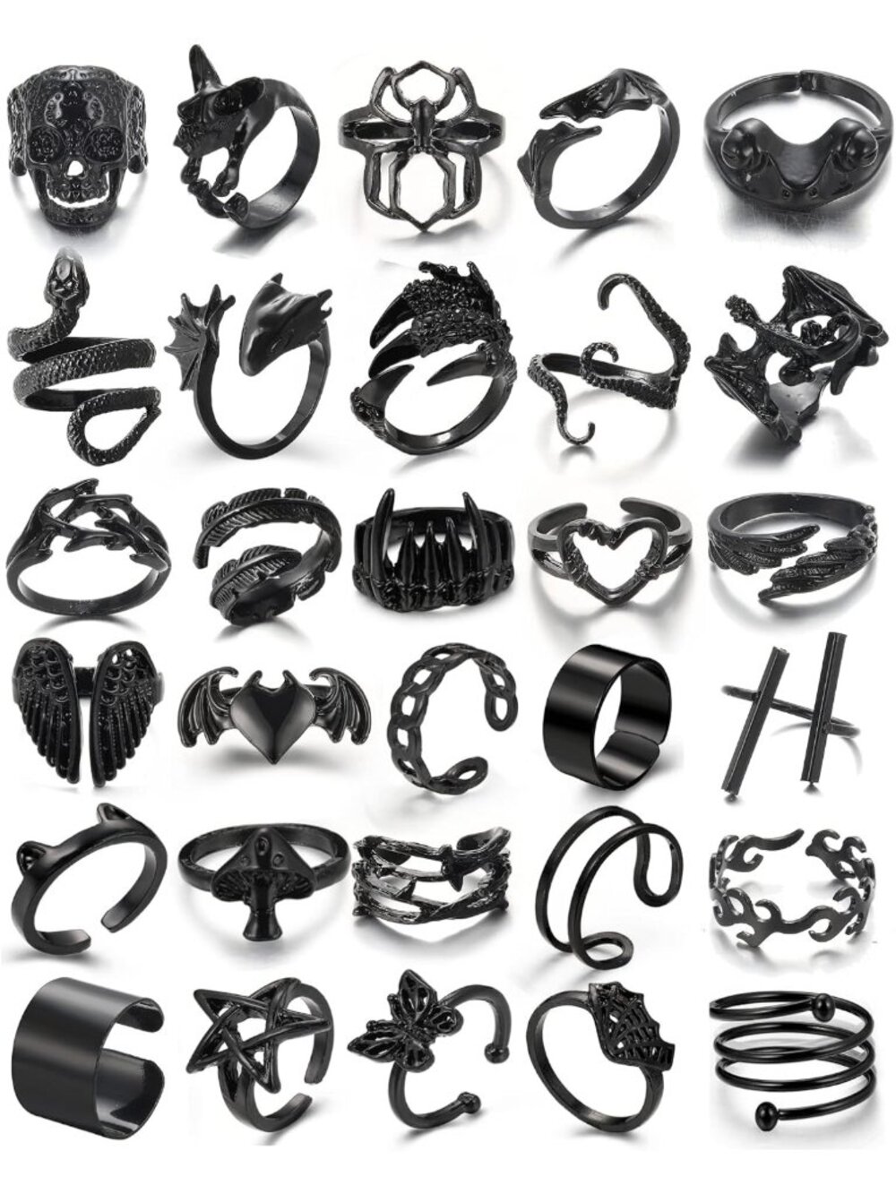 Gothic Vintage Black Rings Set - 20-30 PCS Punk Jewelry, Snake & Butterfly
